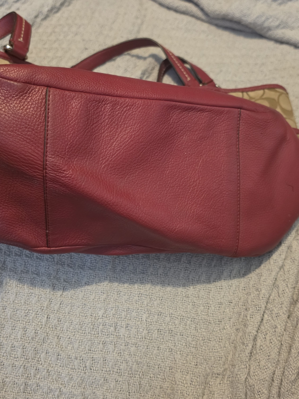 Coach Park Signature Carrie Tote Beige With Burgundy Trim - Picture 10 of 12